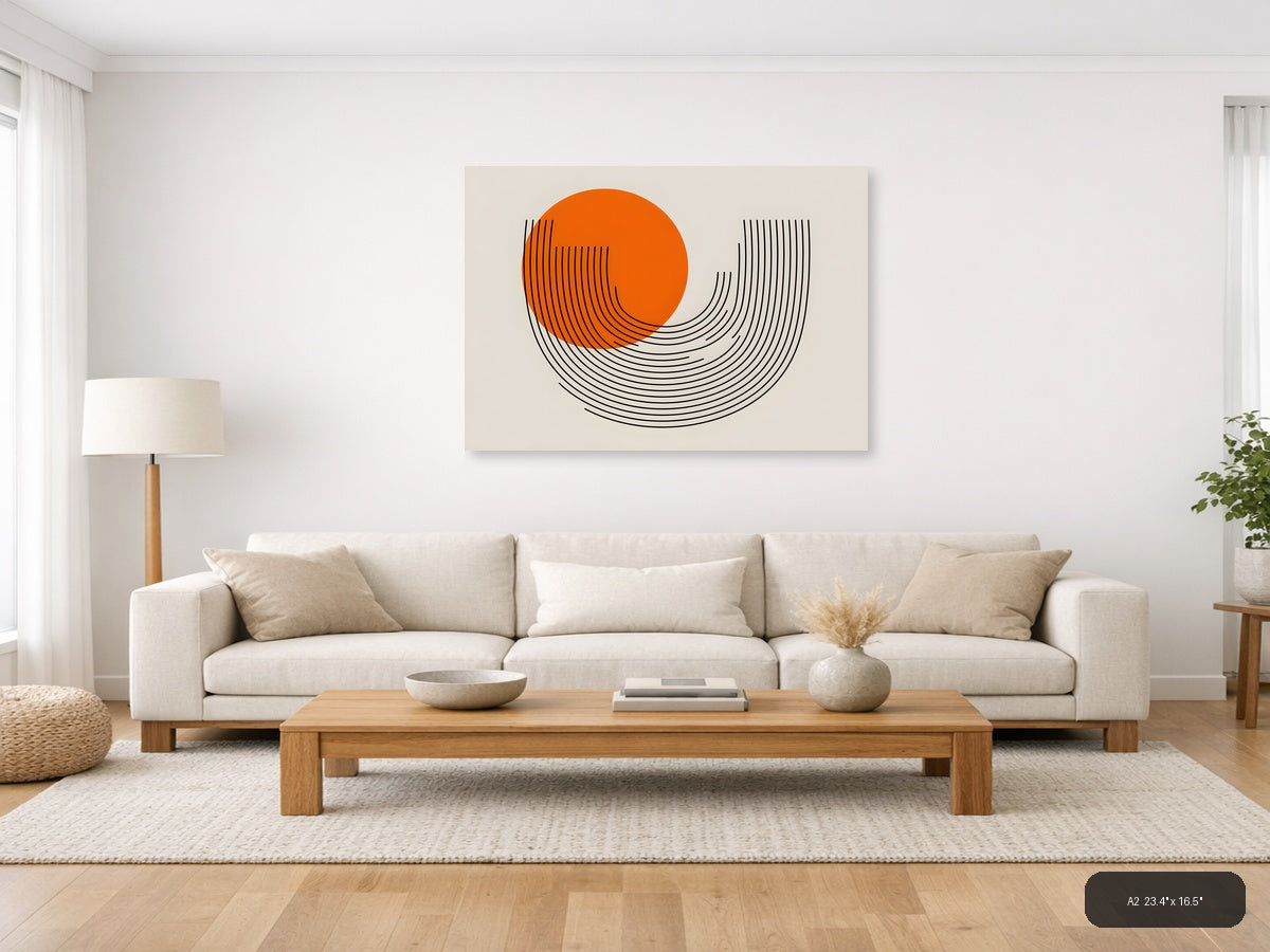 Orange Circle Line Art Modern Abstract Wall Art — A2 / Living Room