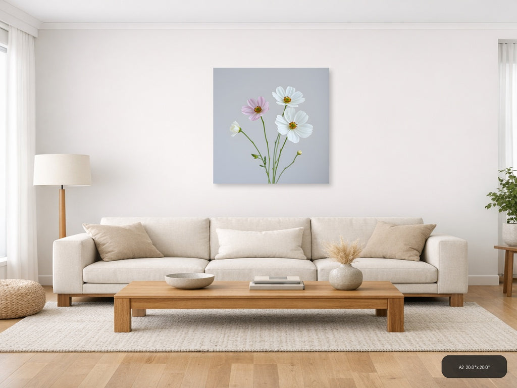 Minimalist Cosmos Flowers Pink White Wall Art — A2 / Living Room