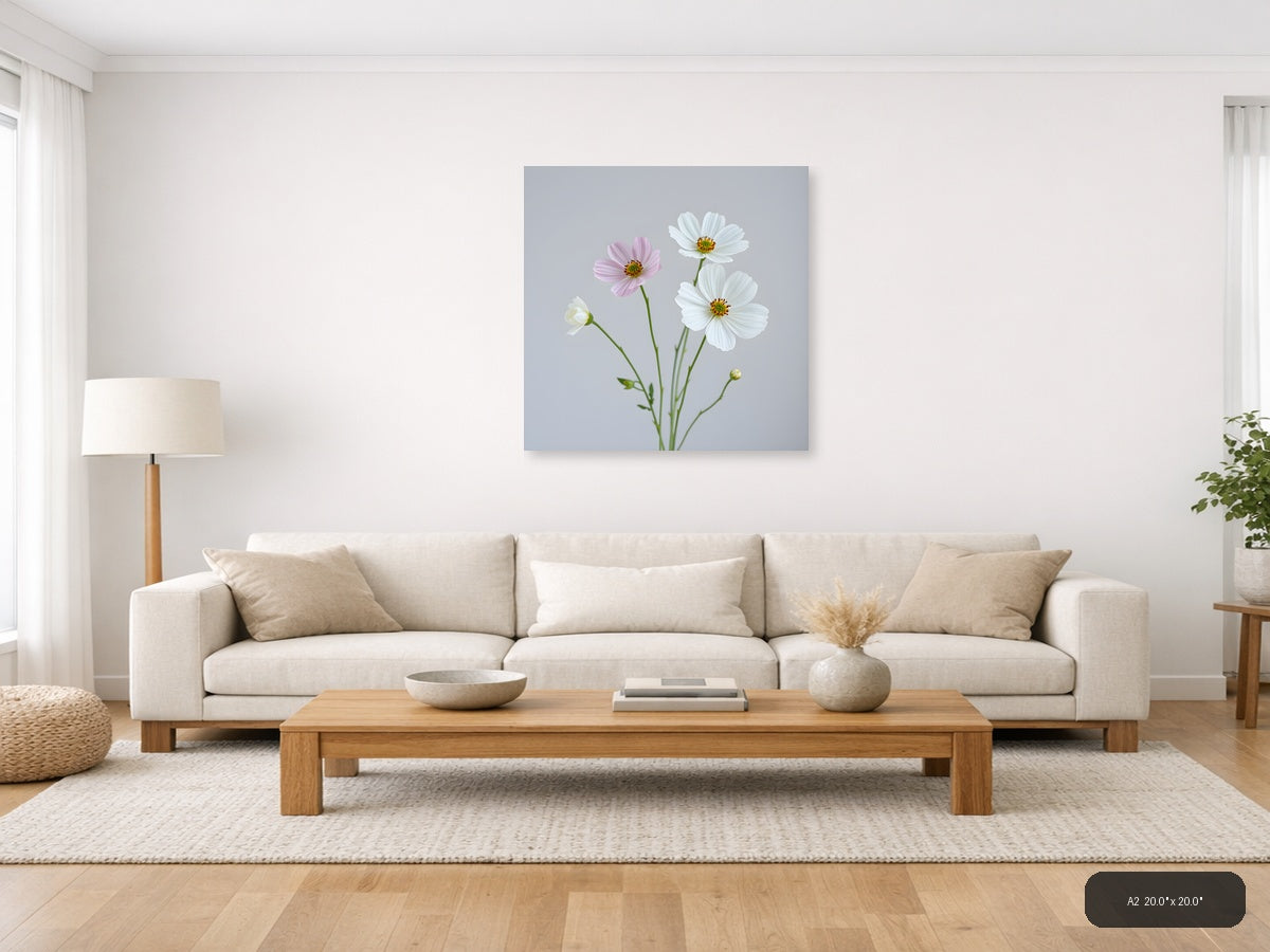 Minimalist Cosmos Flowers Pink White Wall Art — A2 / Living Room