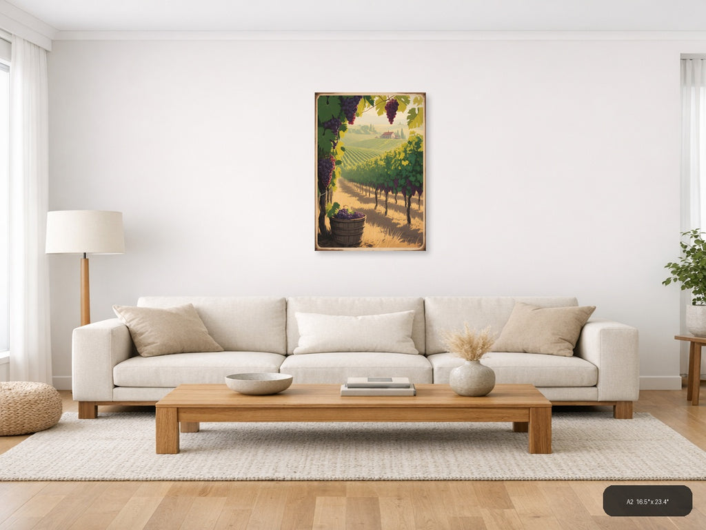 Vintage Tuscan Vineyard Landscape with Grapes Wall Art — A2 / Living Room