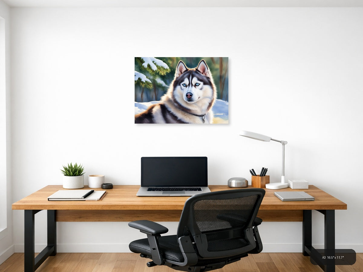 Siberian Husky Blue Eyes Winter Forest Watercolor Wall Art — A3 / Office