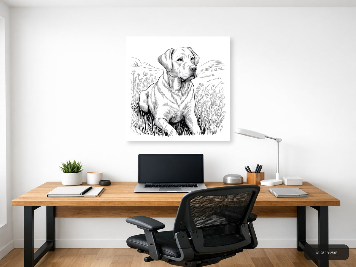 Labrador Retriever in Wildflower Field Line Art Wall Art — A1 / Office