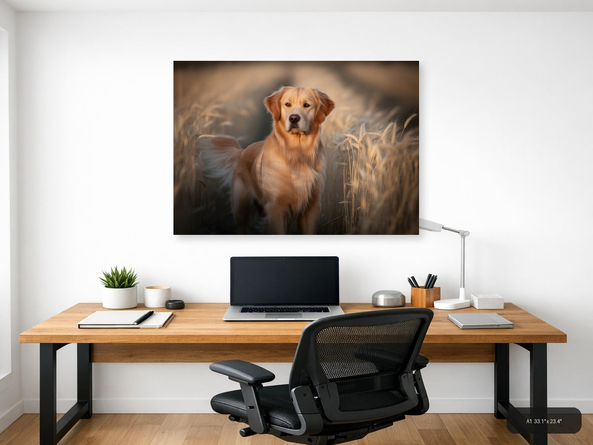 Golden Retriever in Wheat Field Photography Wall Art — A1 / Office