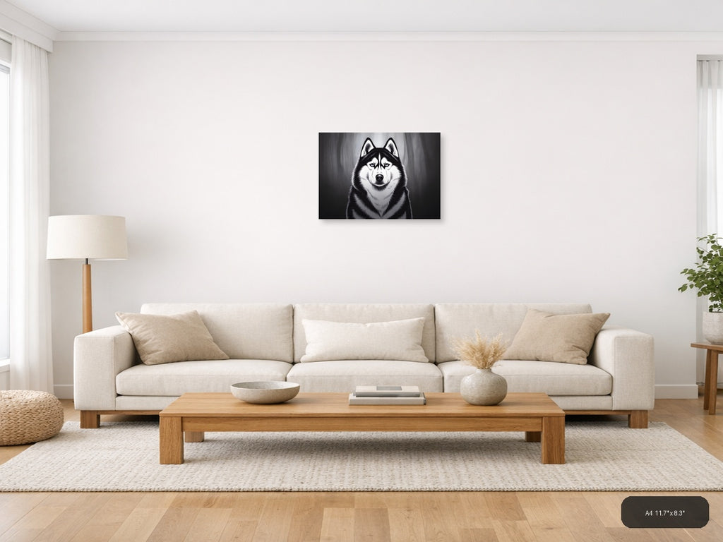 Striking Husky Portrait Black and White Photography Wall Art — A4 / Living Room