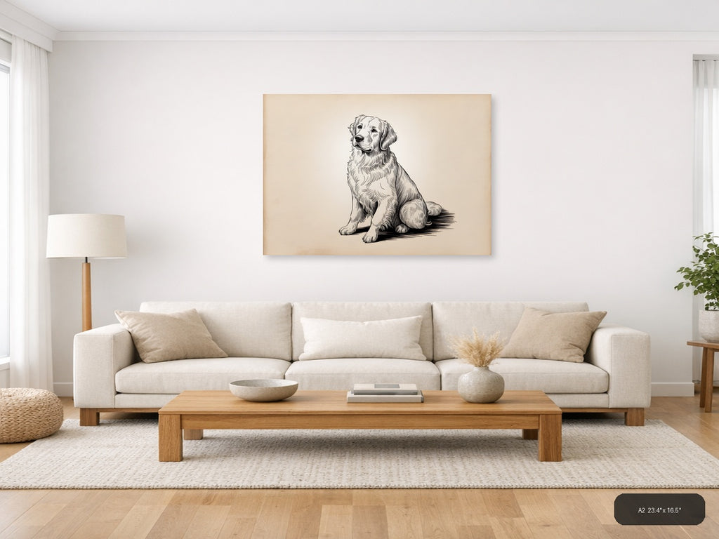 Golden Retriever Sitting Portrait Line Art Wall Art — A2 / Living Room