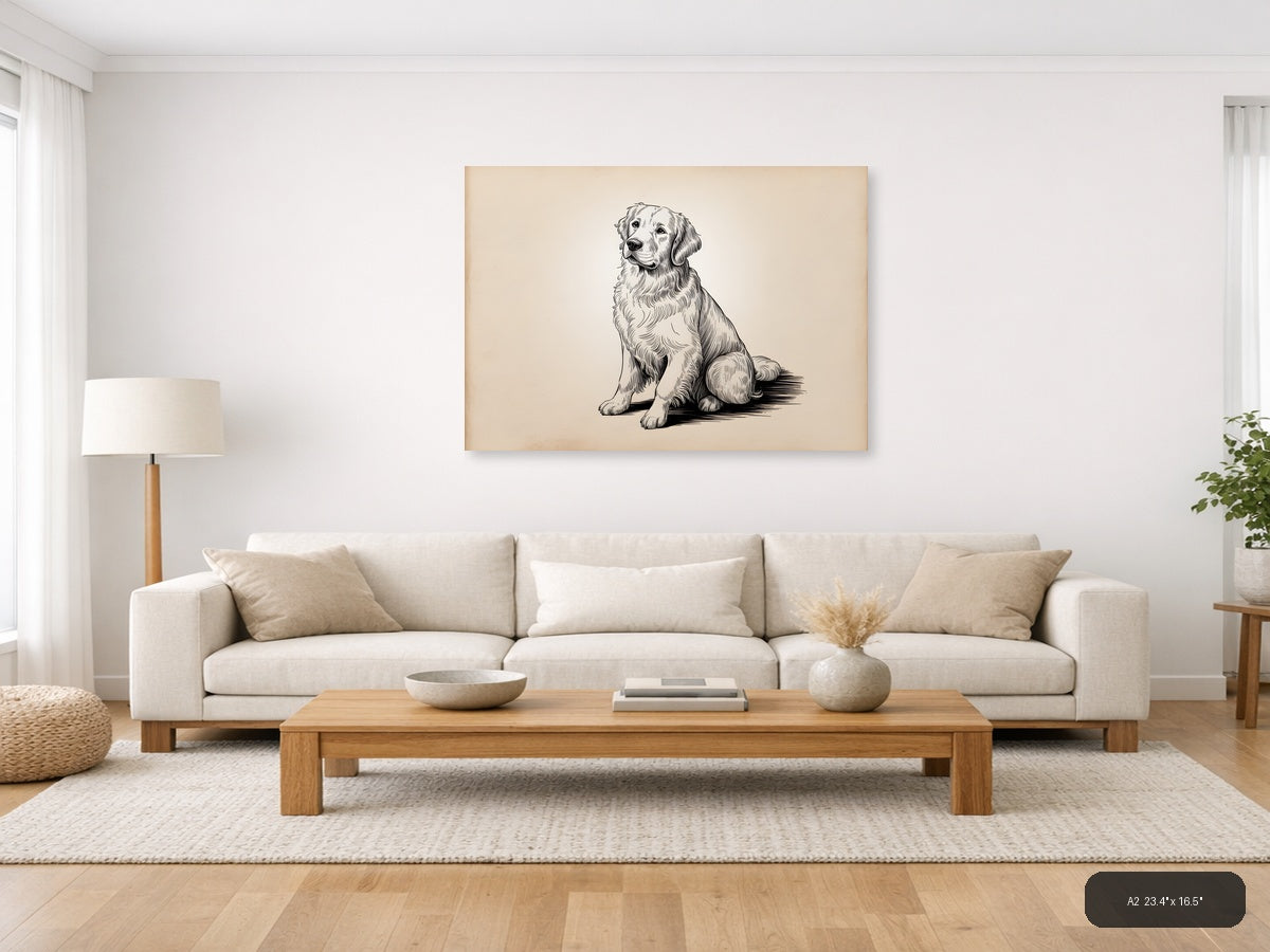 Golden Retriever Sitting Portrait Line Art Wall Art — A2 / Living Room