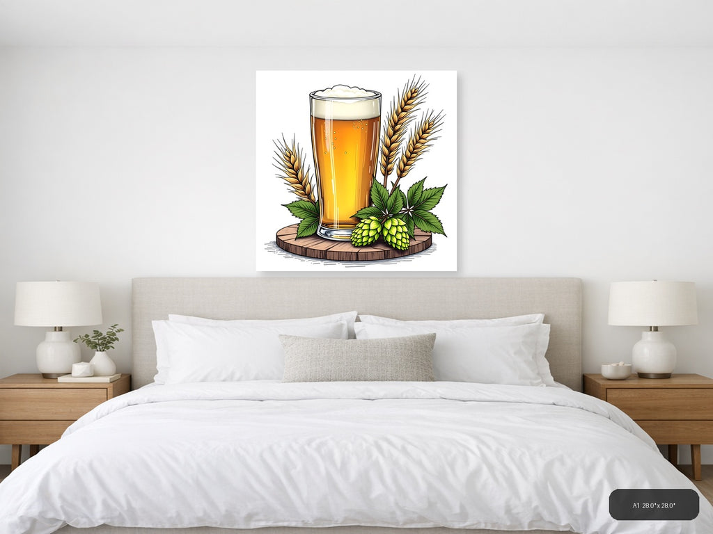 Beer Glass with Hops and Wheat Line Art Wall Art — A1 / Bedroom
