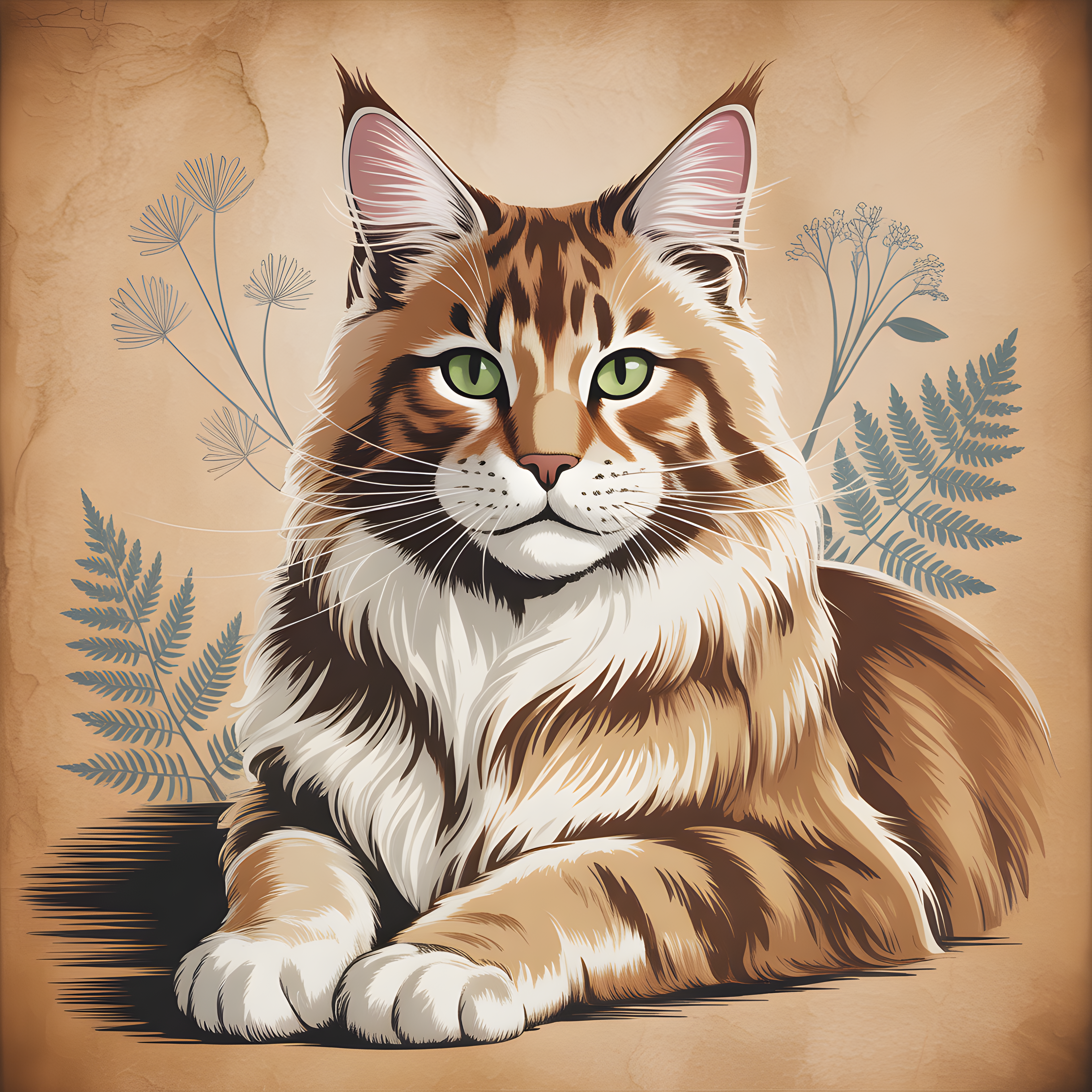 Maine Coon Cat with Botanical Plants Vintage Wall Art