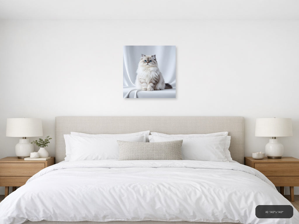 Minimalist White Persian Cat Blue Eyes Square Wall Art — A3 / Bedroom