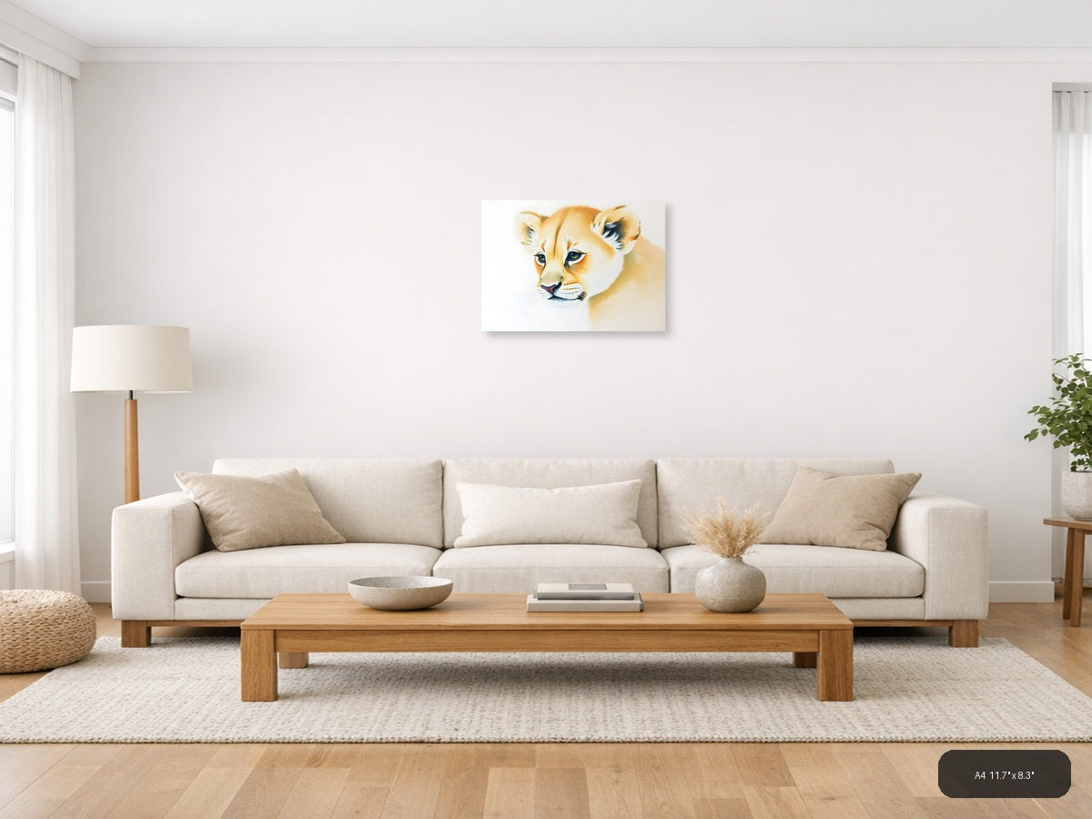 Young Lion Cub Watercolor Portrait Wall Art — A4 / Living Room