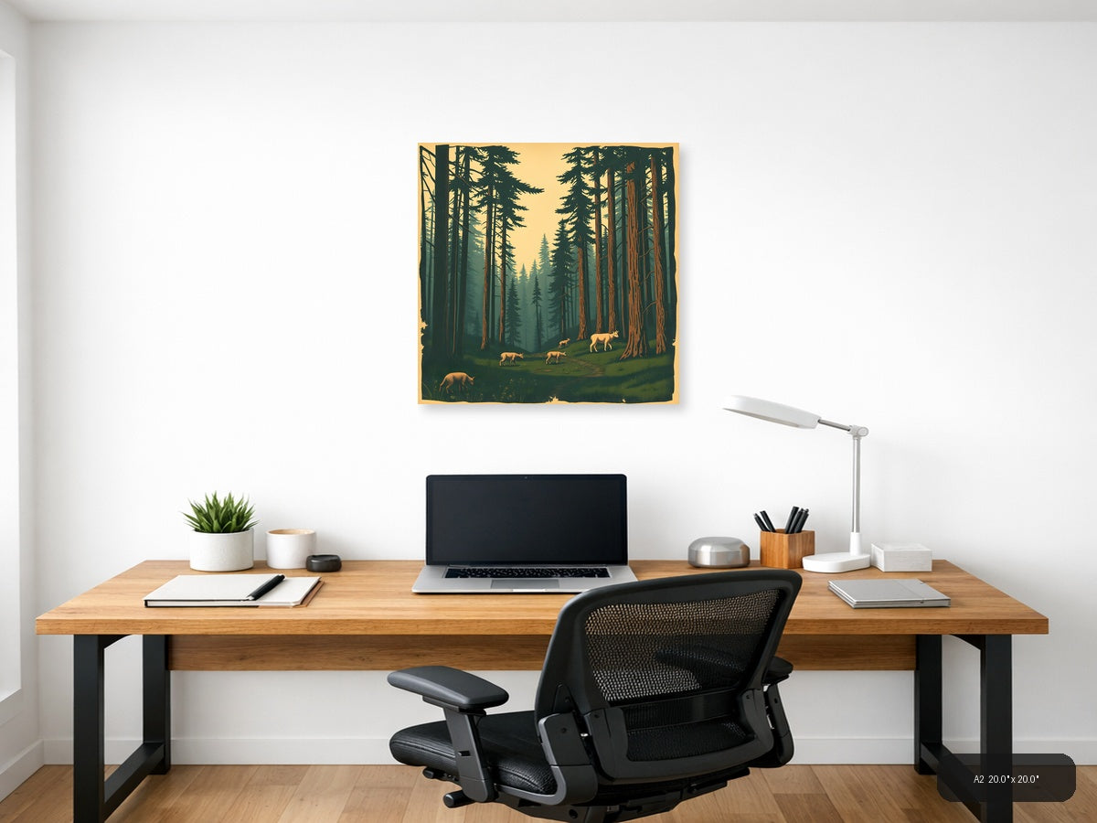 Vintage Forest Deer Valley Landscape Wall Art — A2 / Office