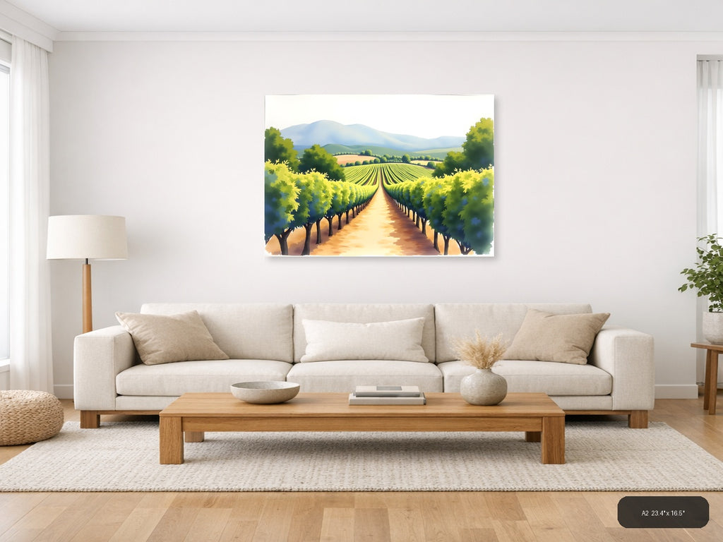 Vineyard Valley Watercolor Landscape Wall Art — A2 / Living Room