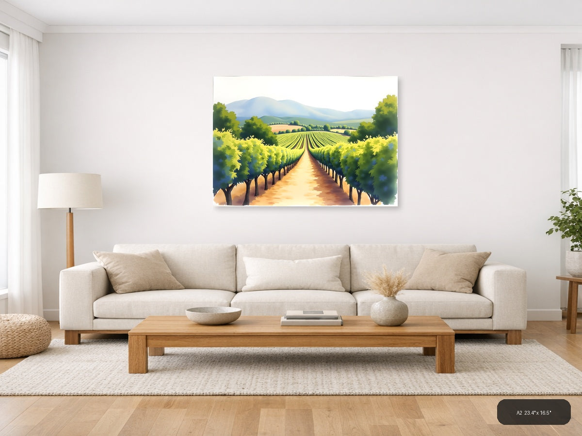 Vineyard Valley Watercolor Landscape Wall Art — A2 / Living Room