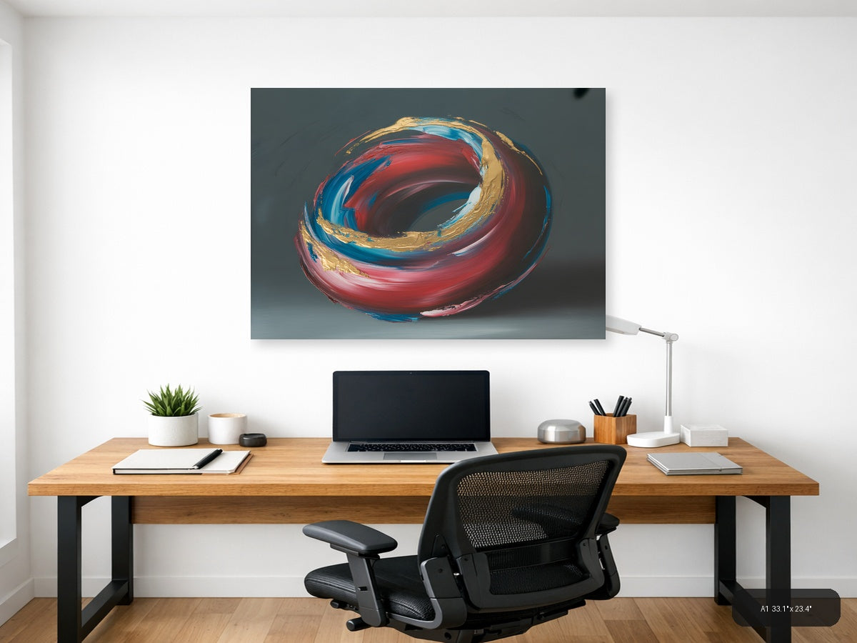 Red Blue Gold Abstract Swirl Circle Modern Wall Art — A1 / Office