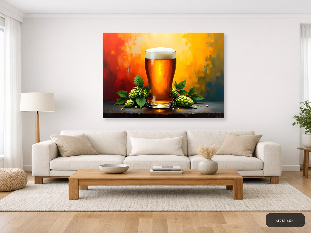 Beer Glass Hops Abstract Orange Yellow Wall Art — A1 / Living Room