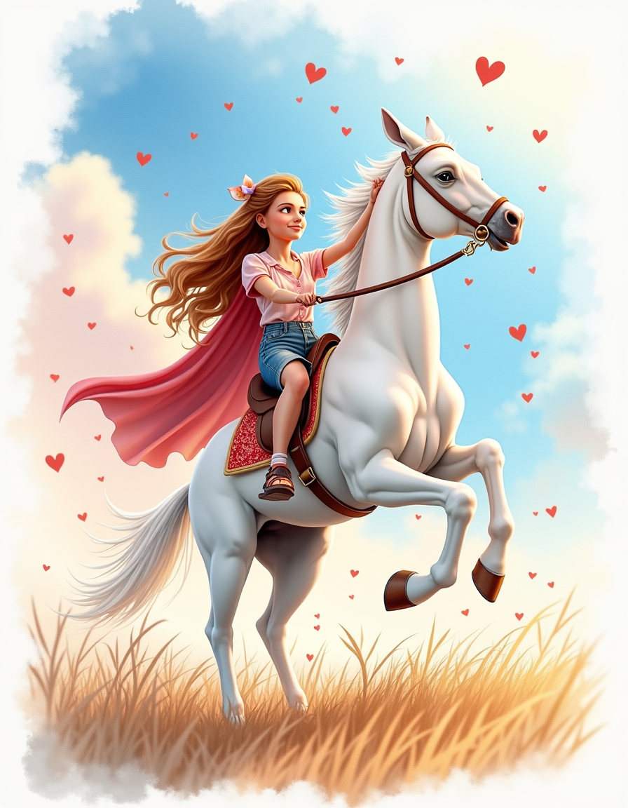 Girl on White Horse with Hearts Watercolor Wall Art