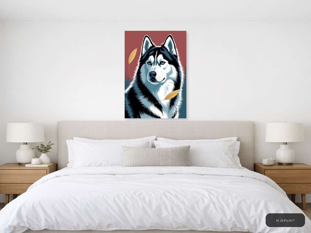 Black and White Husky Portrait with Gold Leaves Wall Art — A1 / Bedroom