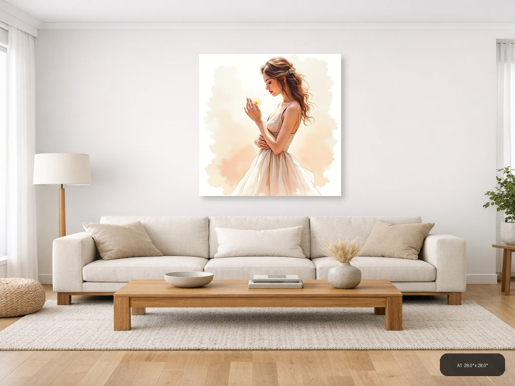 Woman with Yellow Flower Watercolor Portrait Wall Art — A1 / Living Room