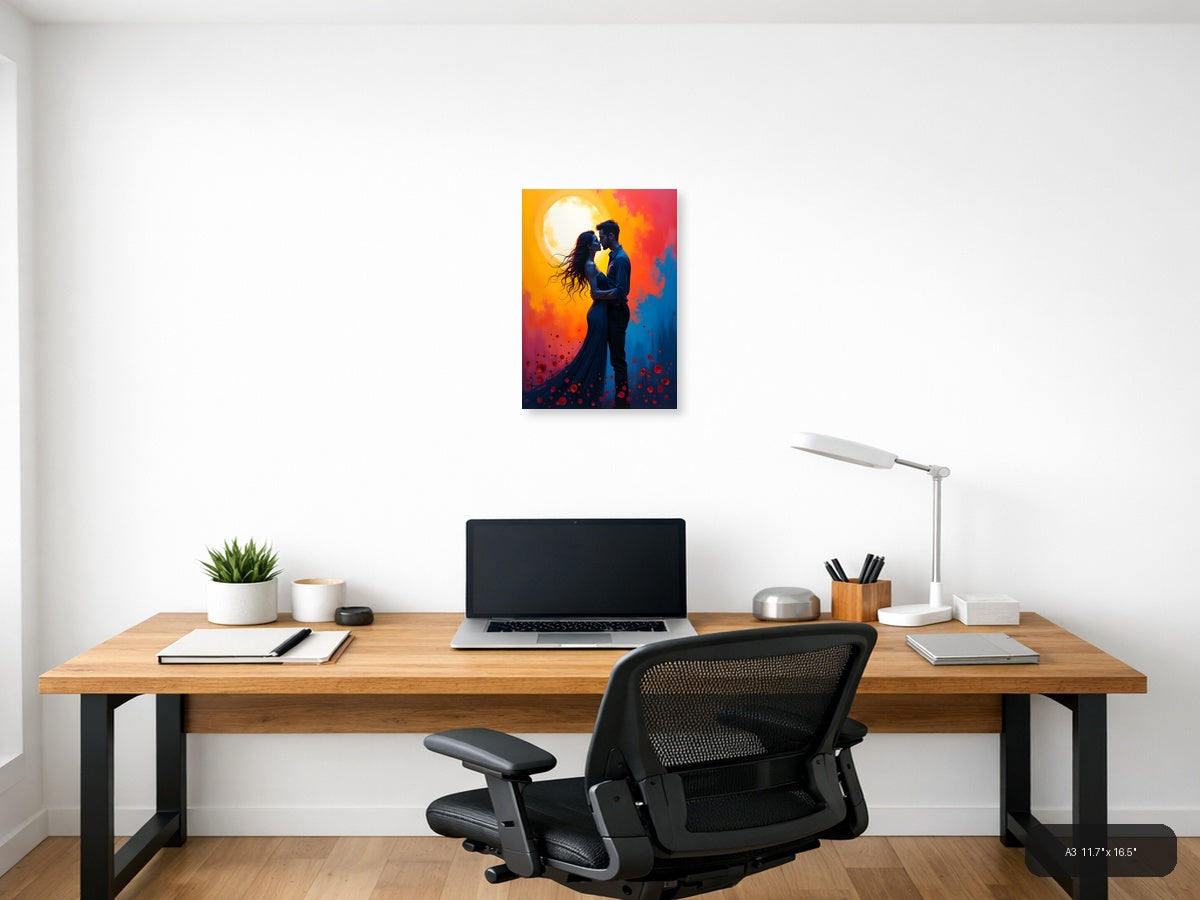 Romantic Couple Moon Silhouette Abstract Wall Art — A3 / Office