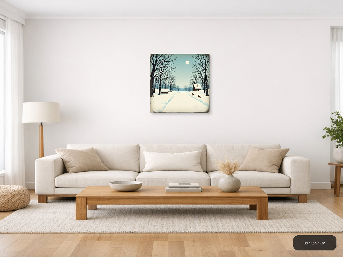 Vintage Winter Landscape with Cabin and Moon Wall Art — A3 / Living Room