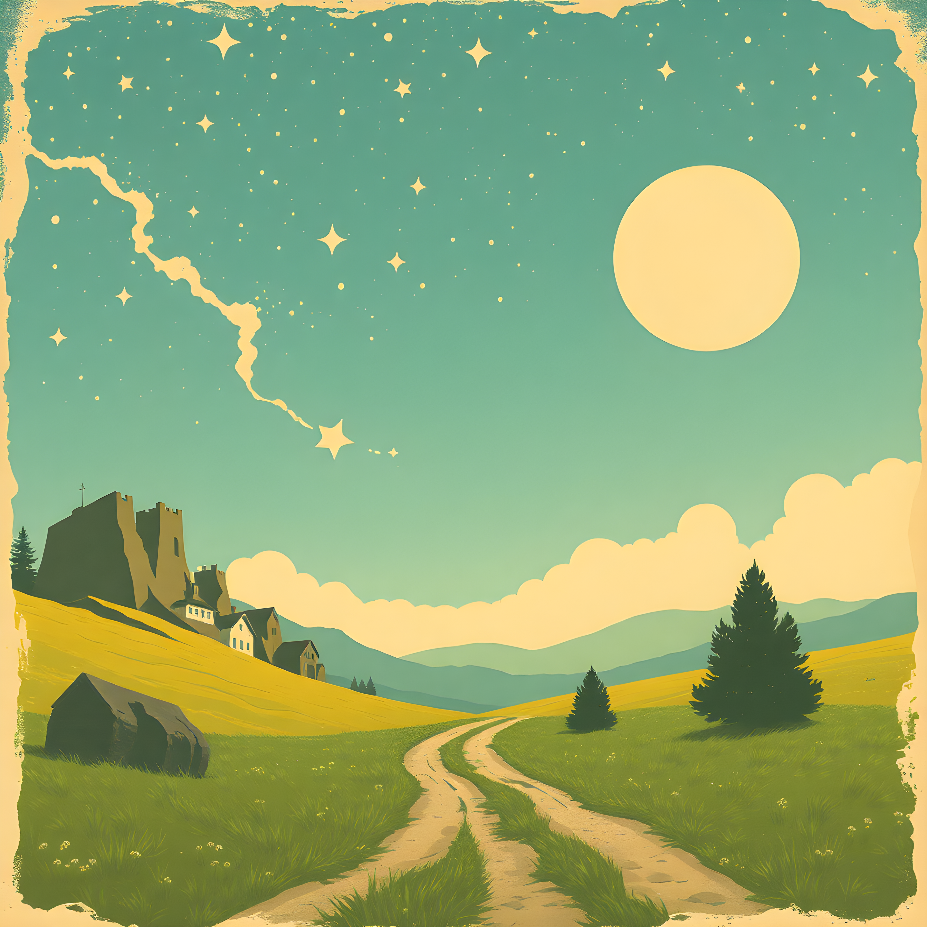 Vintage Countryside Castle Landscape Moon Stars Wall Art