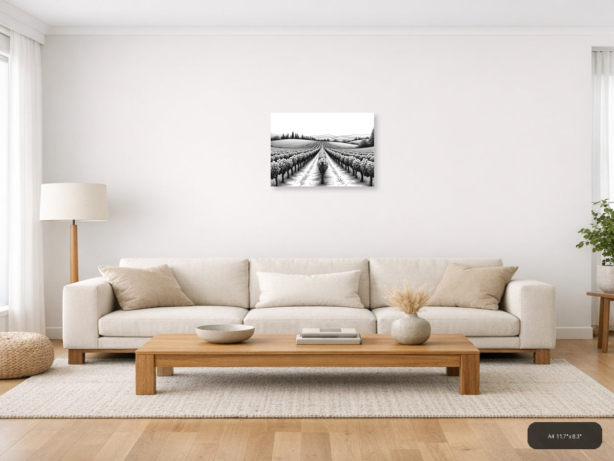 Tuscan Vineyard Landscape Line Art Wall Art — A4 / Living Room