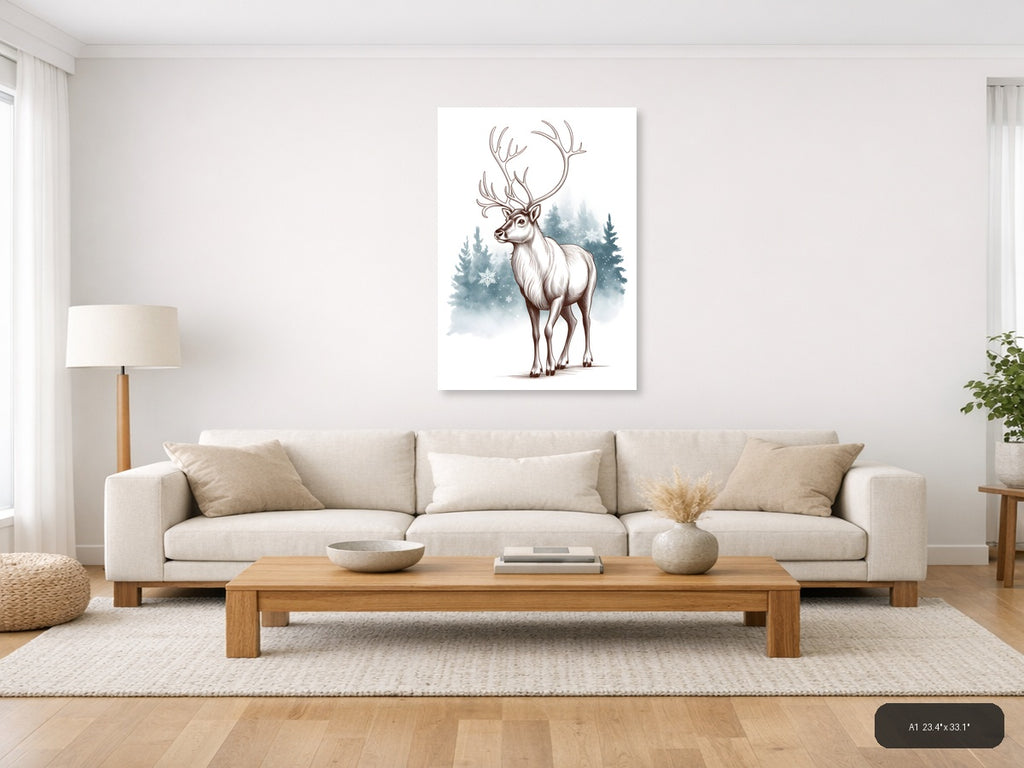 Winter Reindeer Line Art with Snowy Forest Wall Art — A1 / Living Room