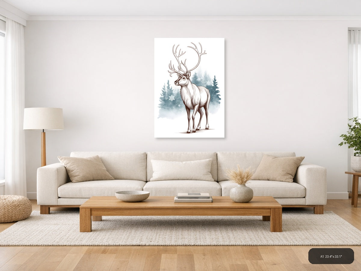 Winter Reindeer Line Art with Snowy Forest Wall Art — A1 / Living Room