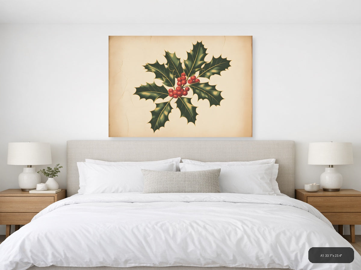 Vintage Holly Berries & Leaves Botanical Wall Art — A1 / Bedroom