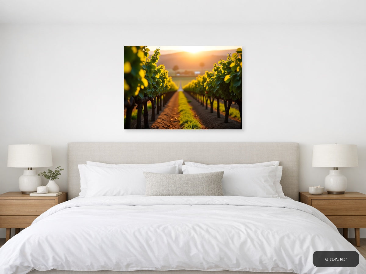 Golden Sunset Vineyard Rows Photography Wall Art — A2 / Bedroom