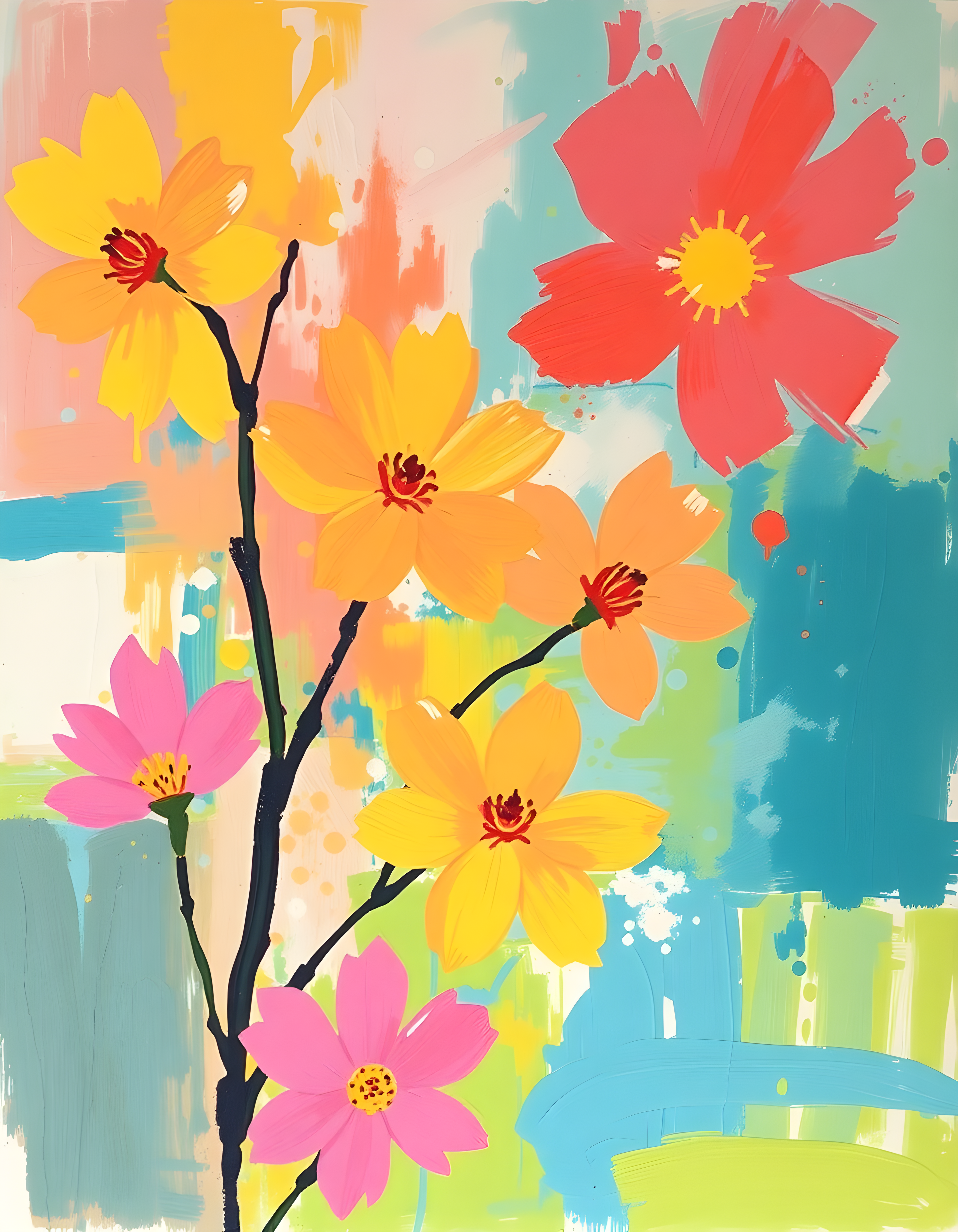 Colorful Abstract Flowers on Branch Portrait Wall Art