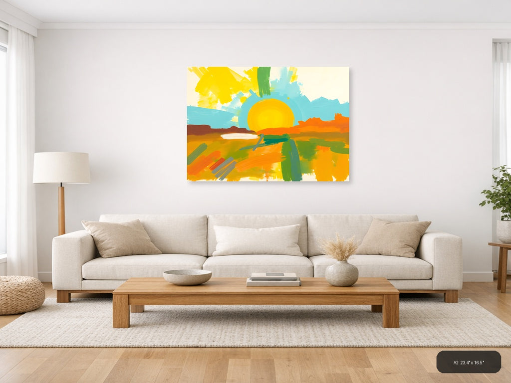 Abstract Sunset Landscape with Yellow Sun Wall Art — A2 / Living Room