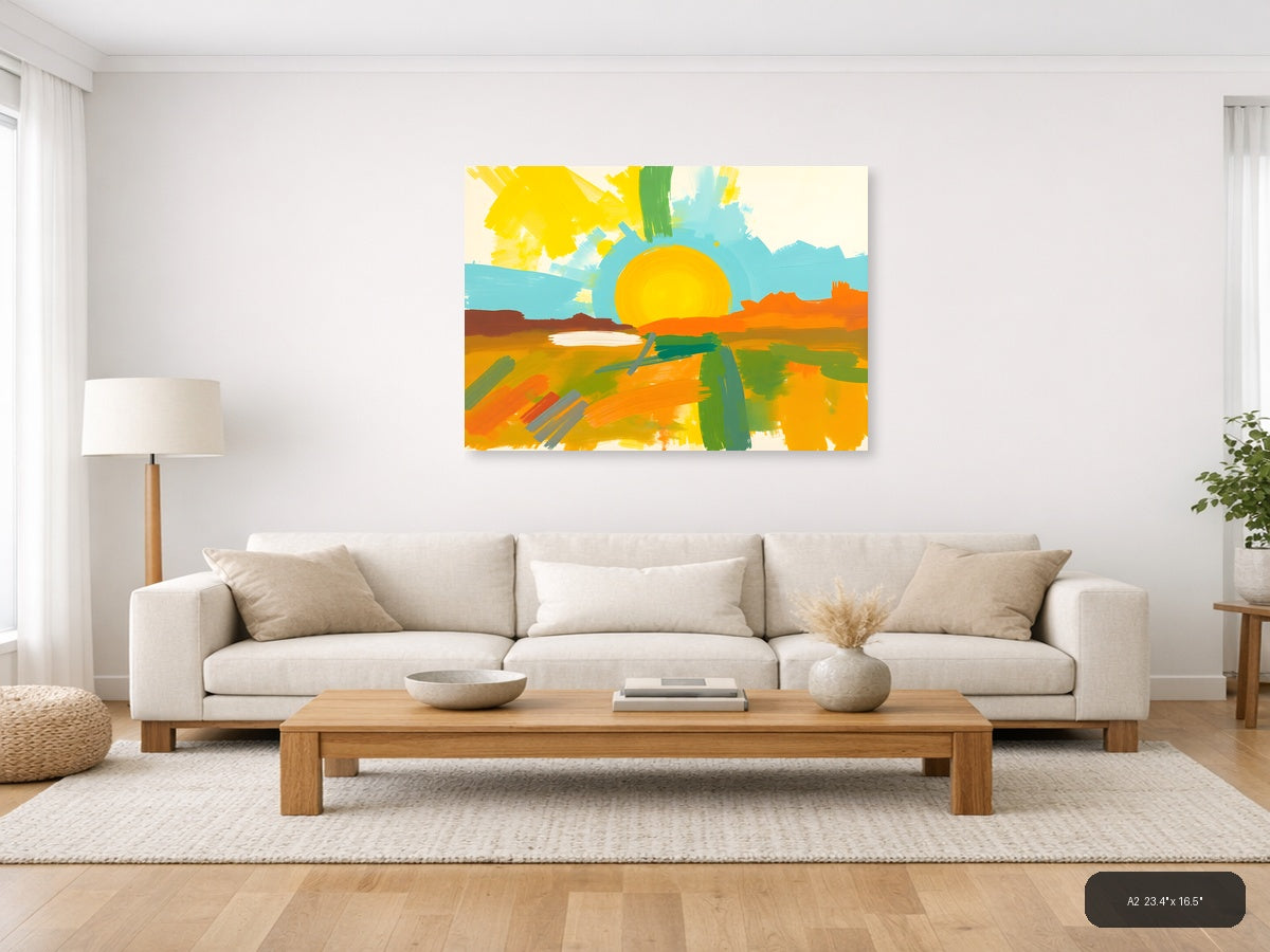 Abstract Sunset Landscape with Yellow Sun Wall Art — A2 / Living Room