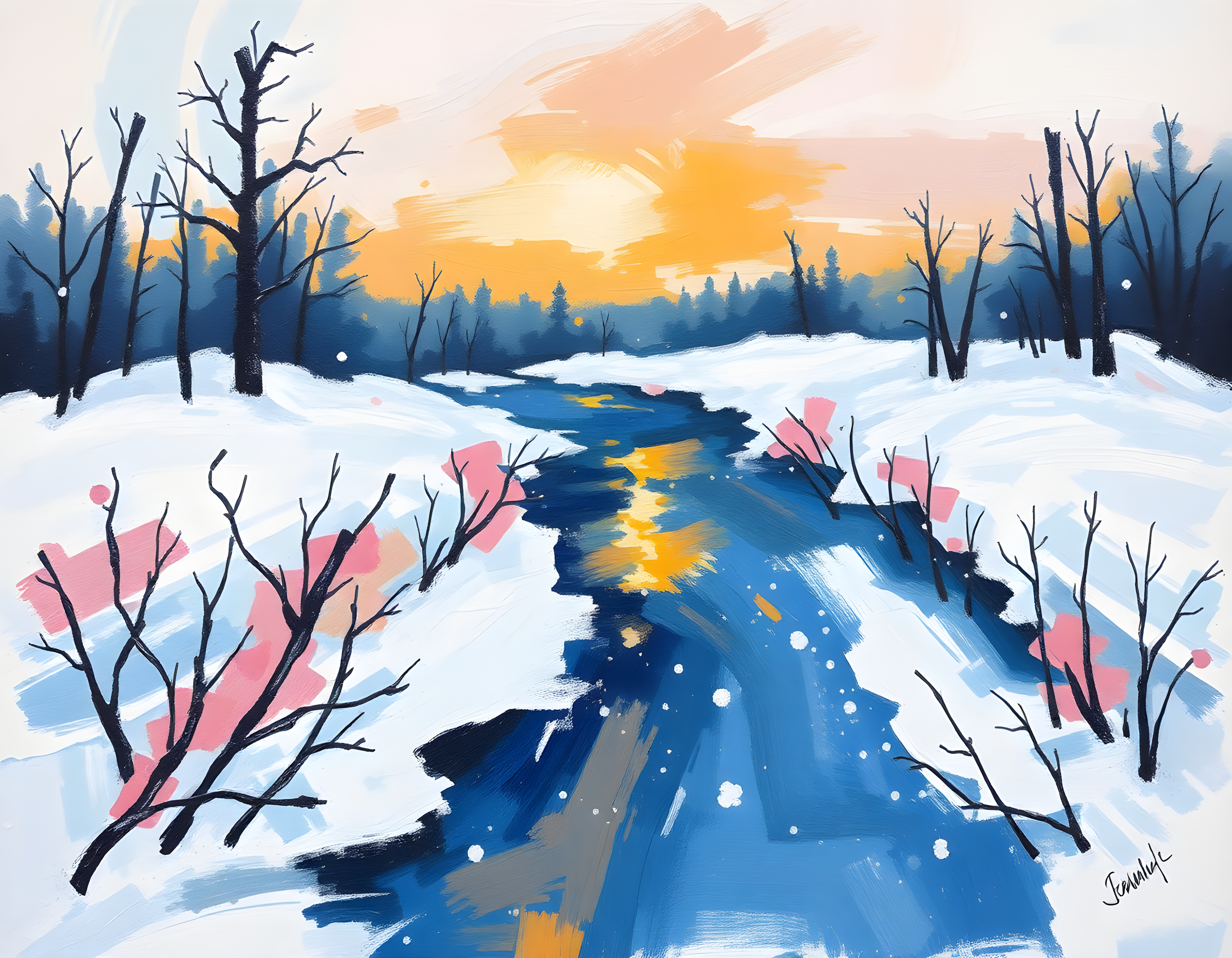 Abstract Winter Stream Landscape Wall Art