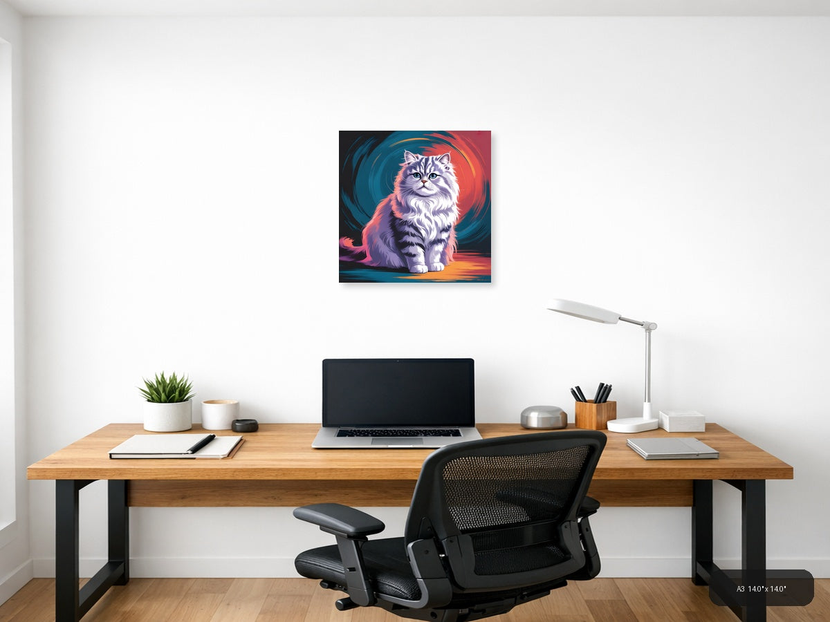 Fluffy Cat Abstract Portrait with Neon Colors Wall Art — A3 / Office