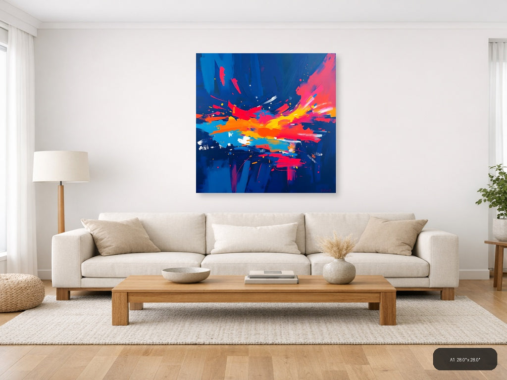 Vibrant Abstract Explosion Blue Red Yellow Wall Art — A1 / Living Room