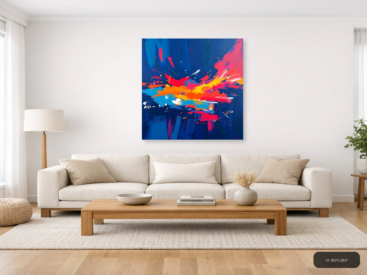 Vibrant Abstract Explosion Blue Red Yellow Wall Art — A1 / Living Room