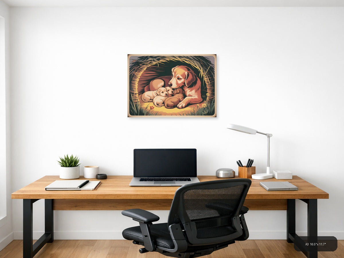 Vintage Mother Dog and Puppies Nest Wall Art — A3 / Office
