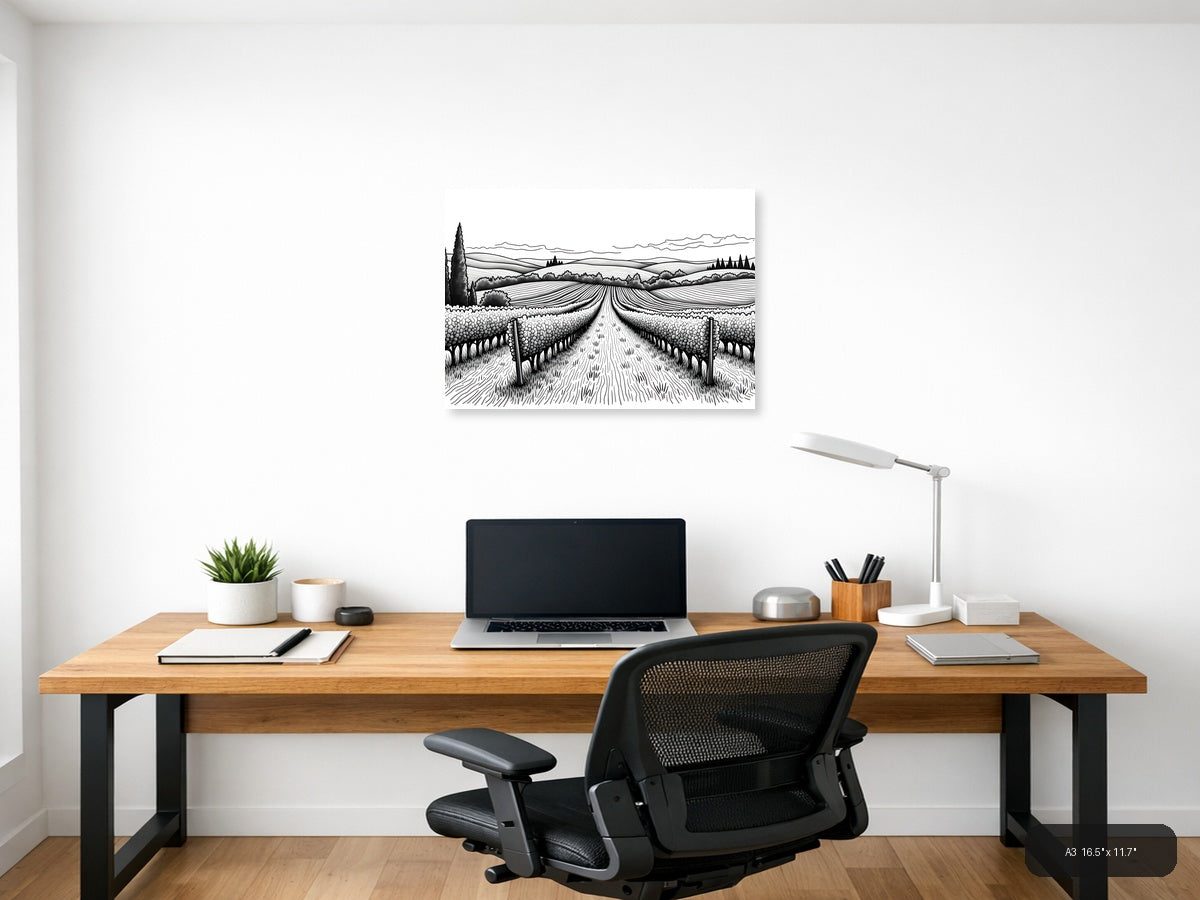 Tuscan Vineyard Landscape Line Art Wall Art — A3 / Office