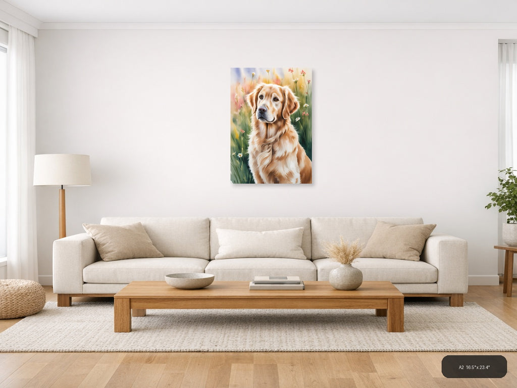 Golden Retriever in Wildflower Meadow Watercolor Wall Art — A2 / Living Room