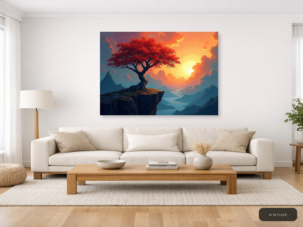 Crimson Tree Sunset Mountain Landscape Abstract Wall Art — A1 / Living Room