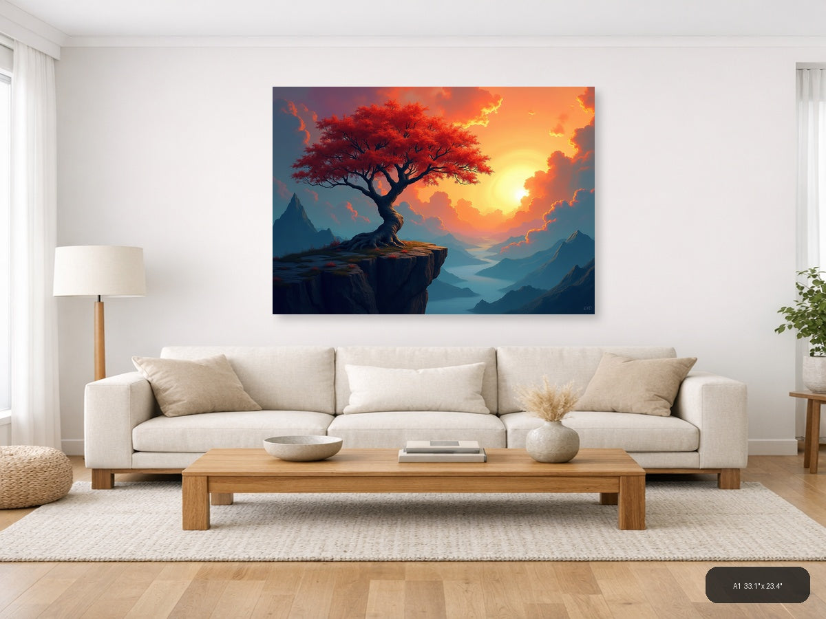 Crimson Tree Sunset Mountain Landscape Abstract Wall Art — A1 / Living Room