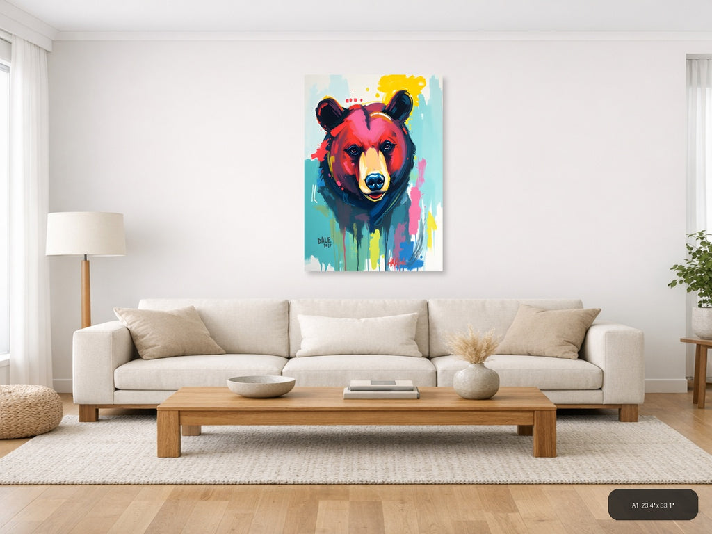 Colorful Abstract Bear Portrait Pop Art Wall Art — A1 / Living Room