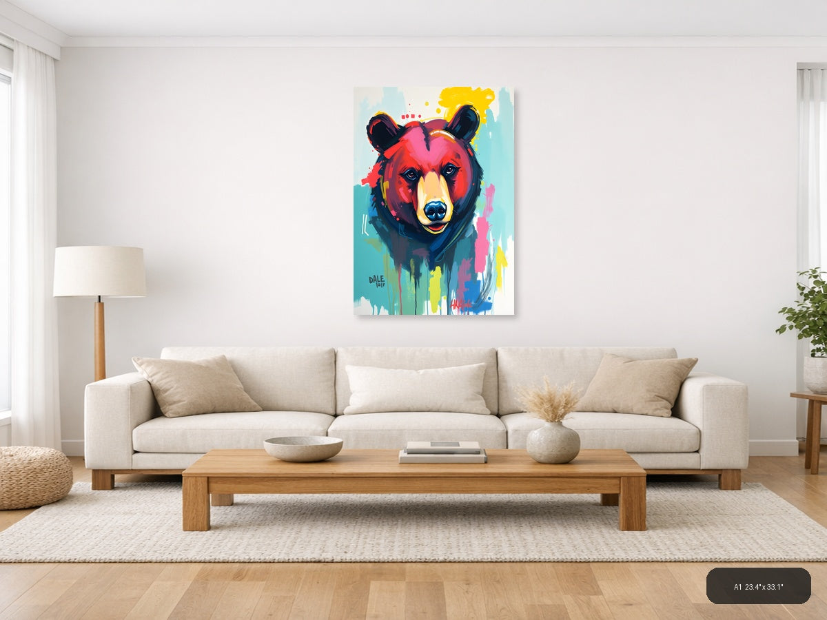 Colorful Abstract Bear Portrait Pop Art Wall Art — A1 / Living Room