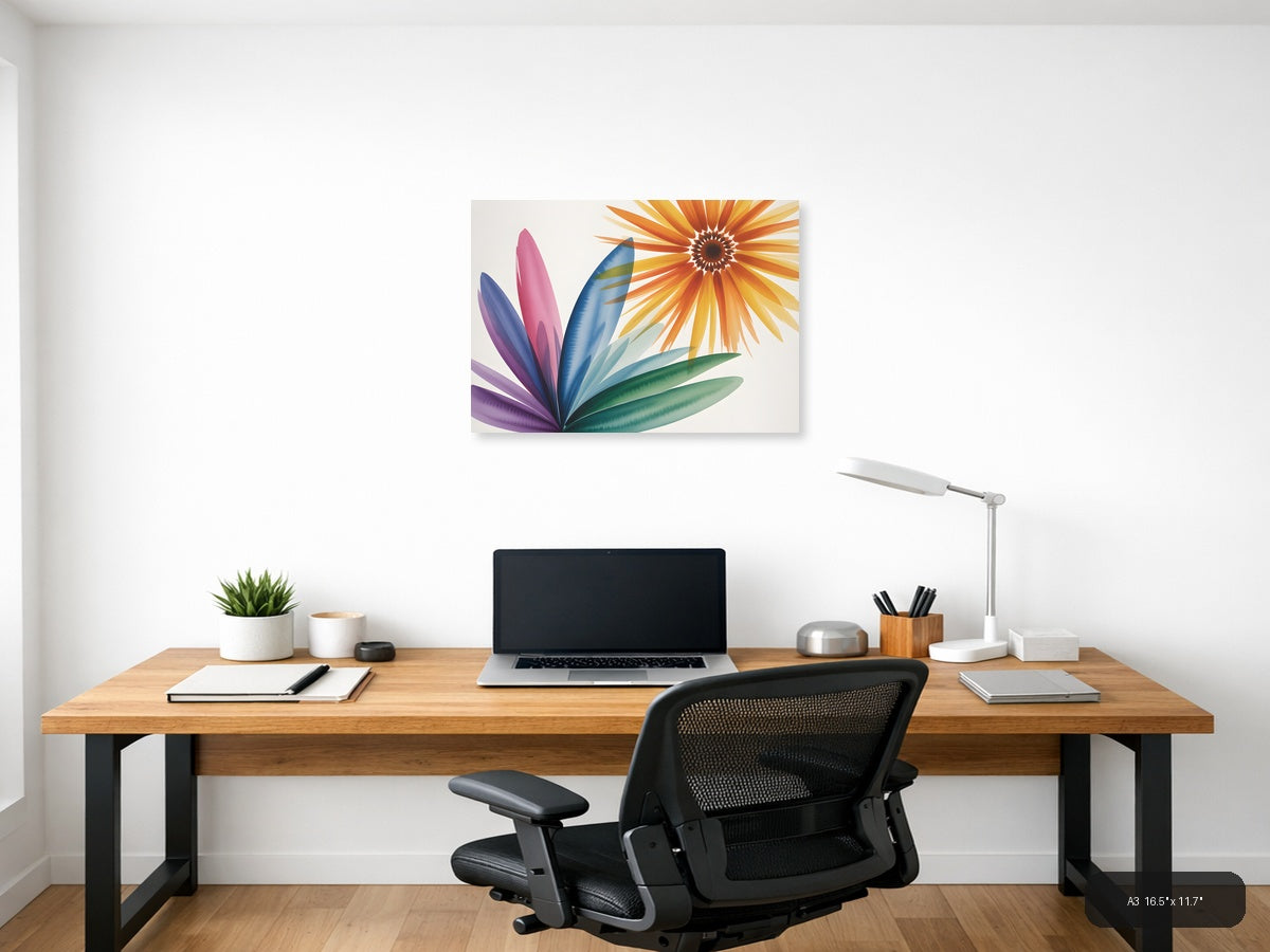 Colorful Watercolor Sunflower & Petals Landscape Wall Art — A3 / Office