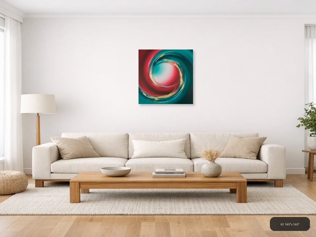 Teal Red Gold Spiral Abstract Modern Wall Art — A3 / Living Room