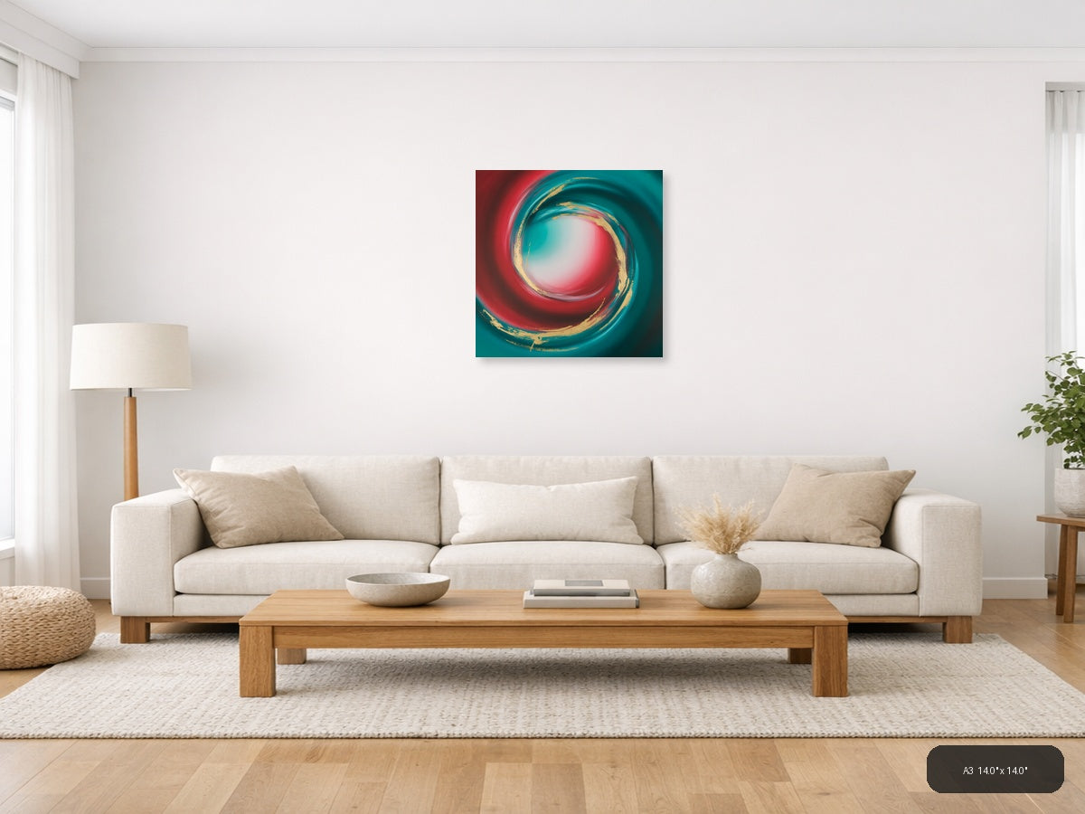 Teal Red Gold Spiral Abstract Modern Wall Art — A3 / Living Room