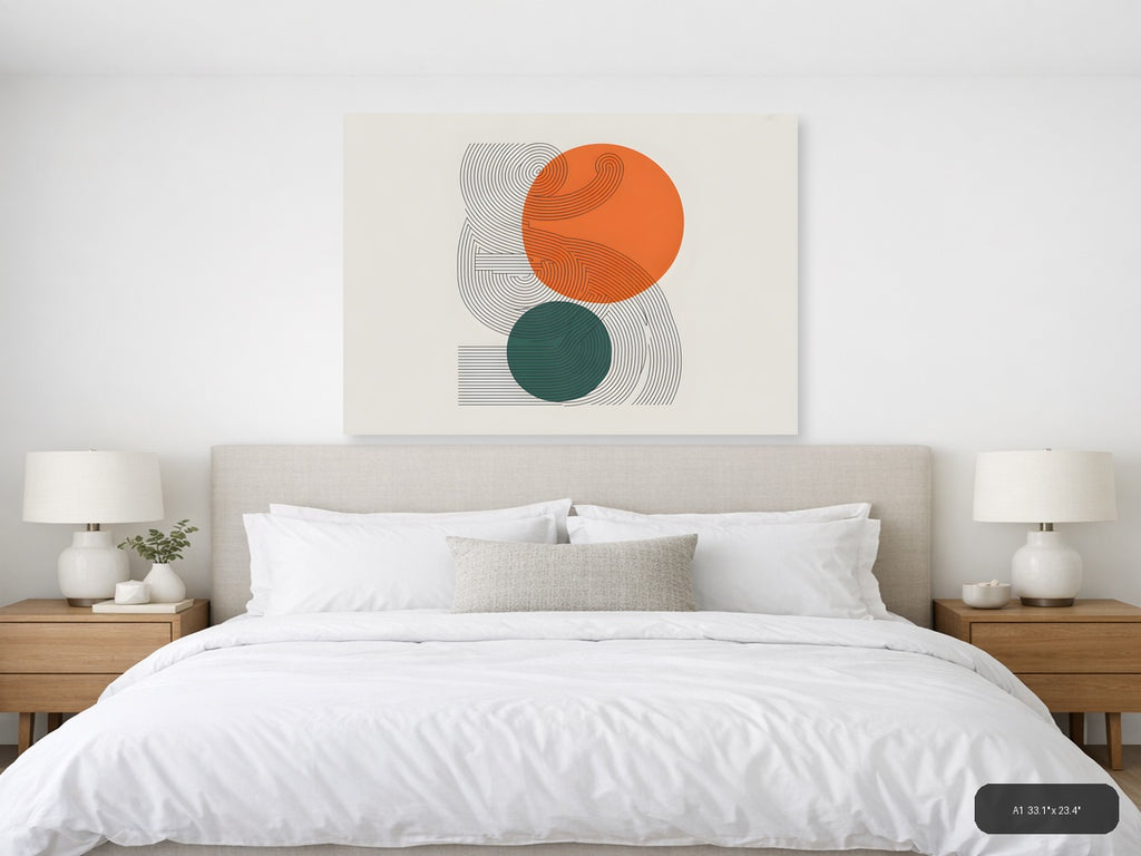 Abstract Line Art with Orange and Teal Circles Wall Art — A1 / Bedroom