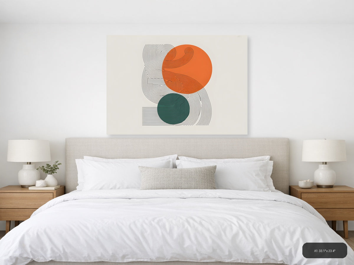 Abstract Line Art with Orange and Teal Circles Wall Art — A1 / Bedroom