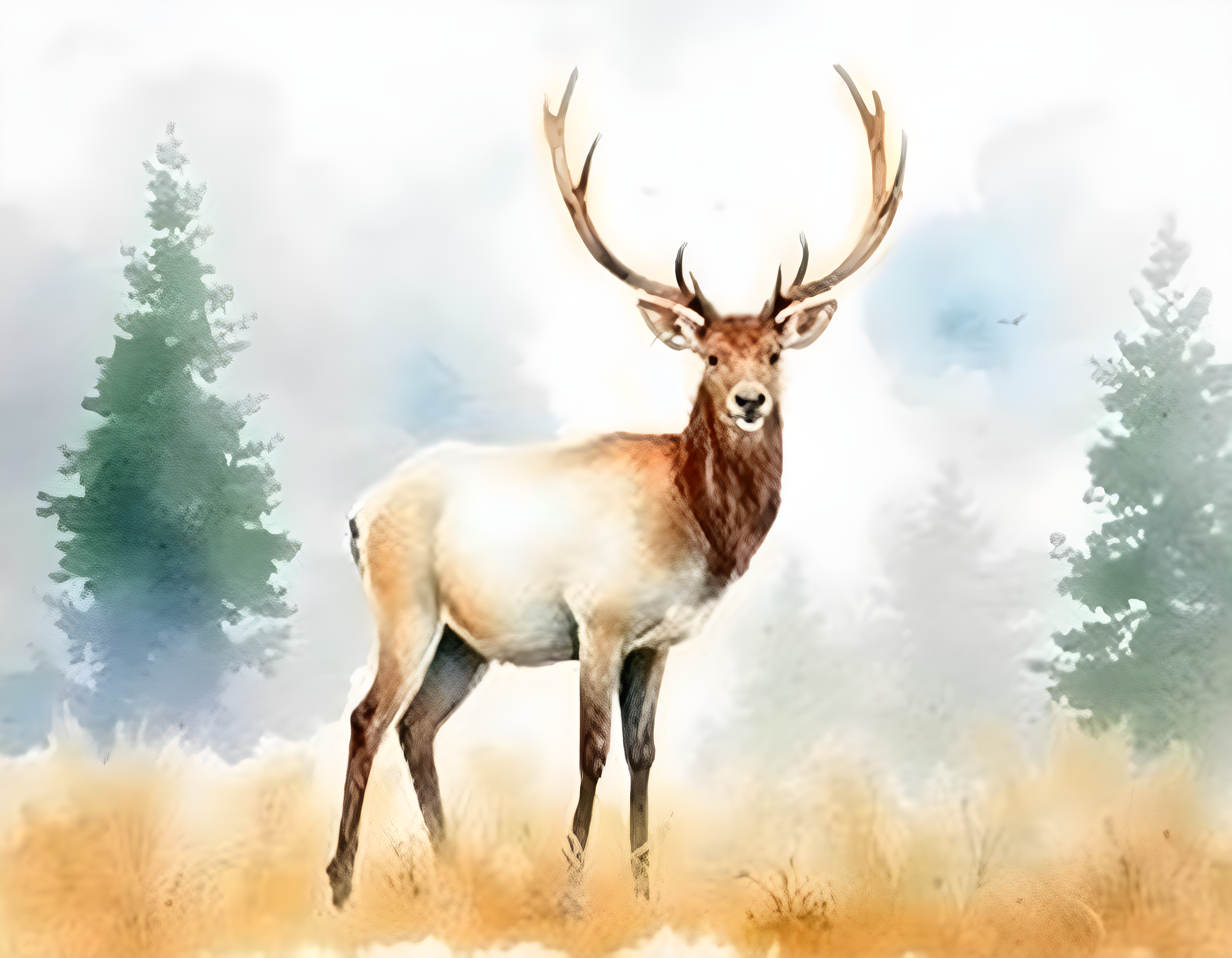 Majestic Elk in Forest Watercolor Wall Art